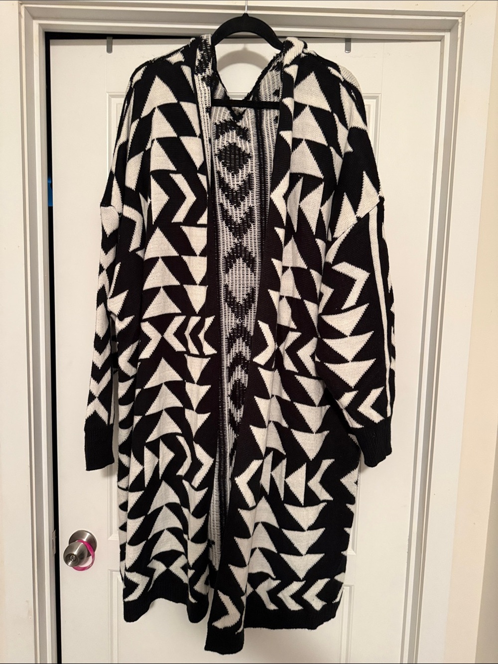 SHEIN Black & White Geometric Hooded Open Cardigan